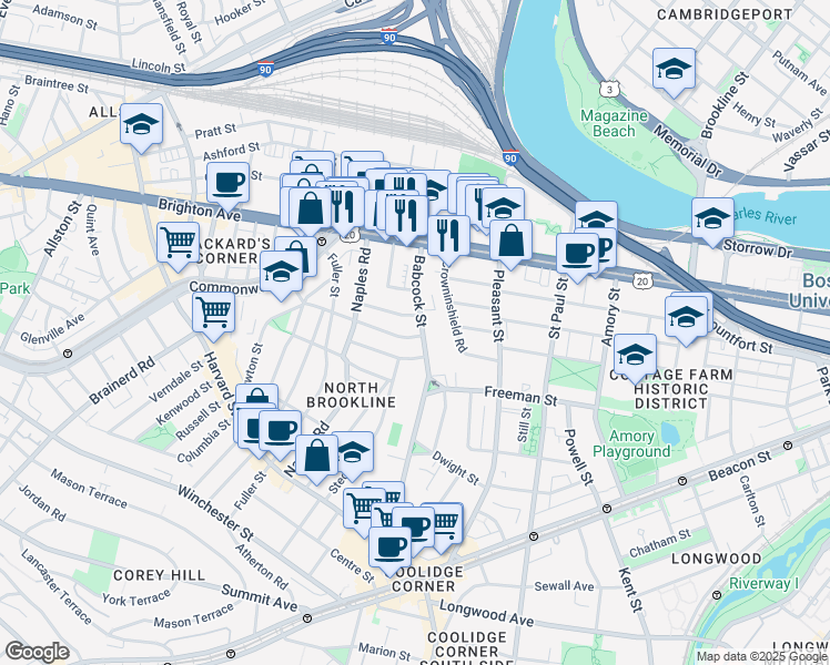 map of restaurants, bars, coffee shops, grocery stores, and more near 187 Babcock Street in Brookline
