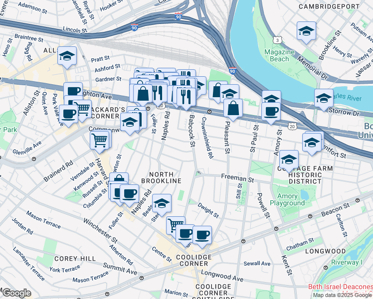 map of restaurants, bars, coffee shops, grocery stores, and more near 27 Osborne Road in Brookline