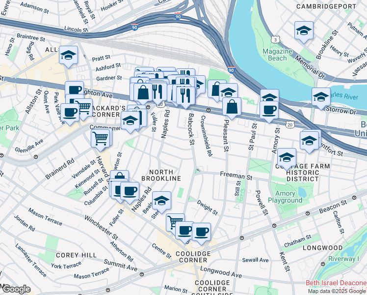 map of restaurants, bars, coffee shops, grocery stores, and more near 27 Osborne Road in Brookline