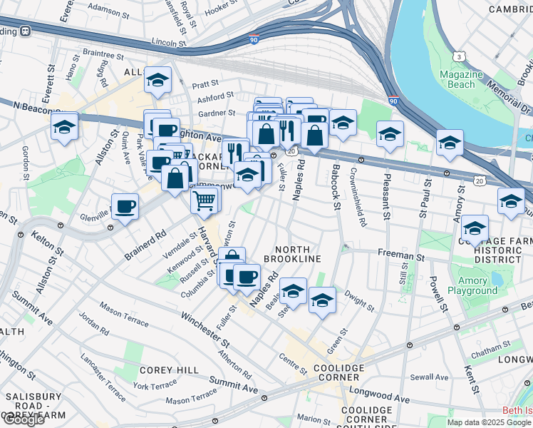 map of restaurants, bars, coffee shops, grocery stores, and more near 168 Coolidge Street in Brookline