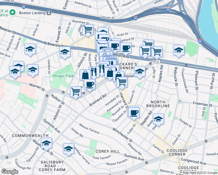 map of restaurants, bars, coffee shops, grocery stores, and more near 1254 Commonwealth Avenue in Boston