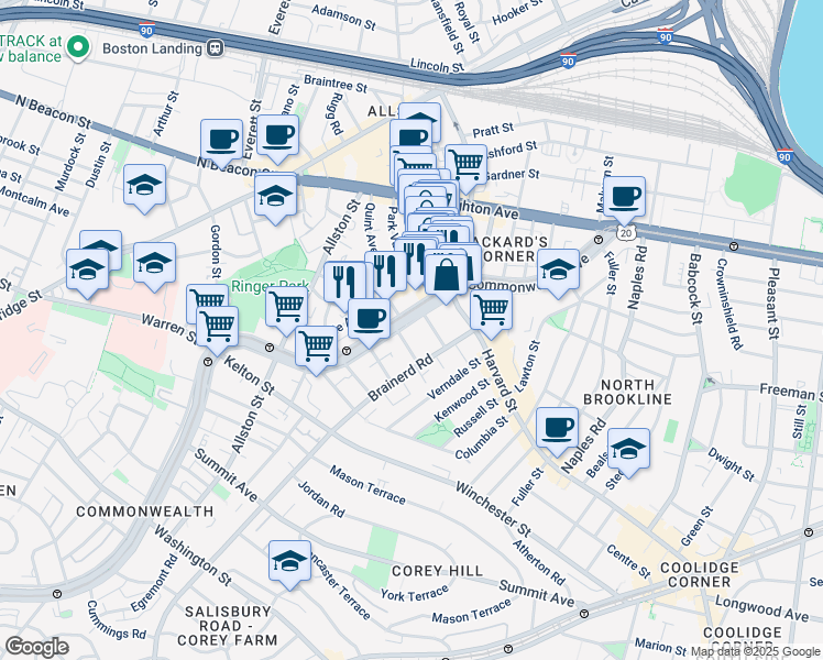 map of restaurants, bars, coffee shops, grocery stores, and more near 1277 Commonwealth Avenue in Boston