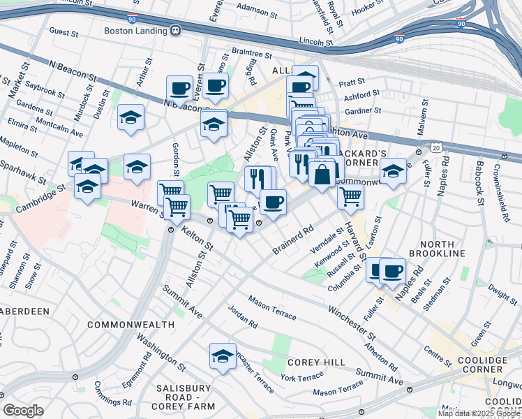 map of restaurants, bars, coffee shops, grocery stores, and more near 66 Glenville Avenue in Boston