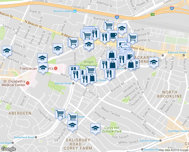 map of restaurants, bars, coffee shops, grocery stores, and more near 139 Glenville Avenue in Boston