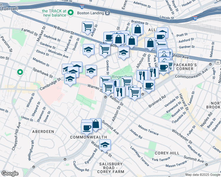 map of restaurants, bars, coffee shops, grocery stores, and more near 1411 Commonwealth Avenue in Boston