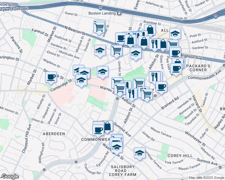map of restaurants, bars, coffee shops, grocery stores, and more near 103 Gordon Street in Boston