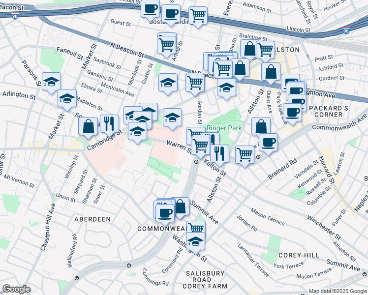 map of restaurants, bars, coffee shops, grocery stores, and more near 98-100 Warren Street in Boston