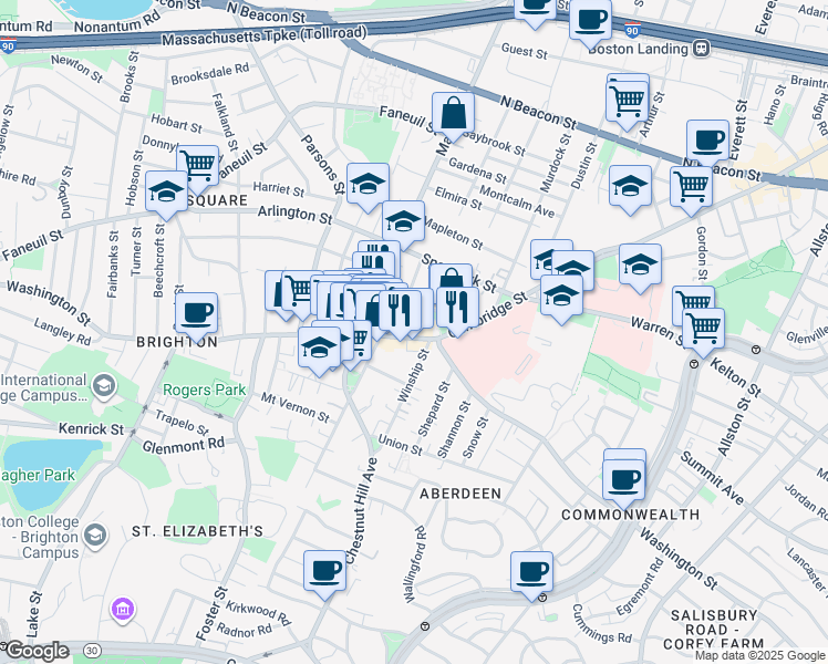 map of restaurants, bars, coffee shops, grocery stores, and more near 302 Washington Street in Boston