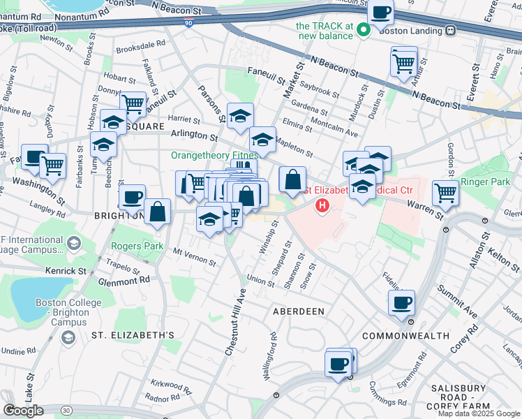 map of restaurants, bars, coffee shops, grocery stores, and more near 8 Waldo Terrace in Boston