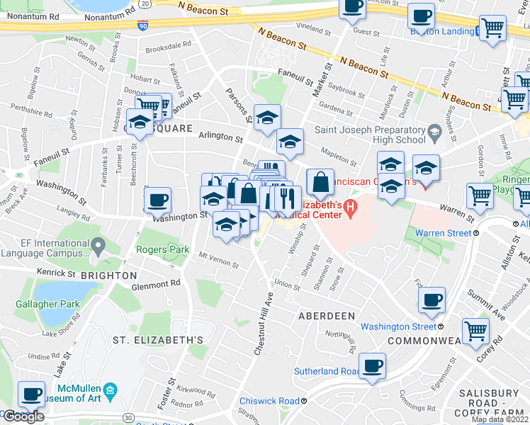 map of restaurants, bars, coffee shops, grocery stores, and more near 8 Waldo Terrace in Boston