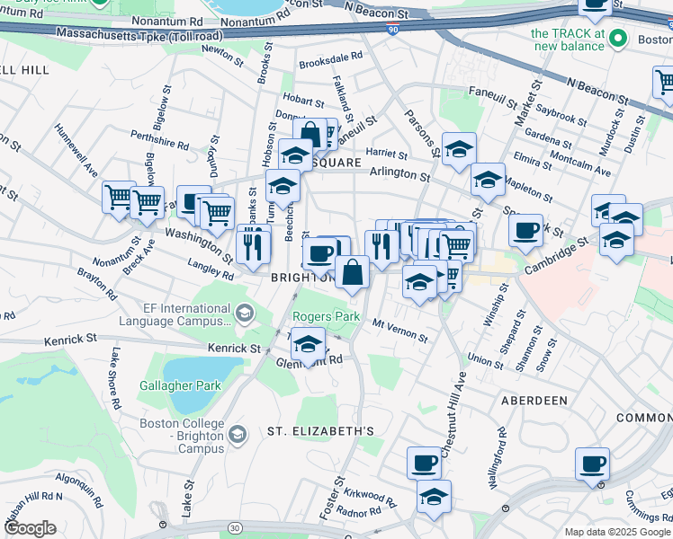 map of restaurants, bars, coffee shops, grocery stores, and more near 57 Malbert Road in Boston