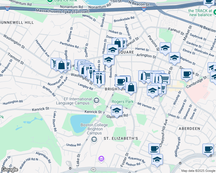 map of restaurants, bars, coffee shops, grocery stores, and more near 10 Beechcroft Street in Boston