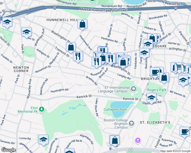map of restaurants, bars, coffee shops, grocery stores, and more near 32 Nonantum Street in Boston