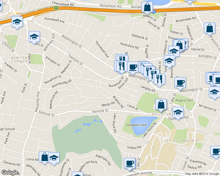 map of restaurants, bars, coffee shops, grocery stores, and more near 73 A Nonantum Street in Boston