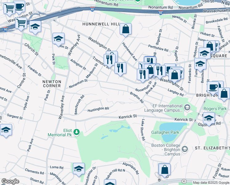 map of restaurants, bars, coffee shops, grocery stores, and more near 149 Brayton Road in Boston