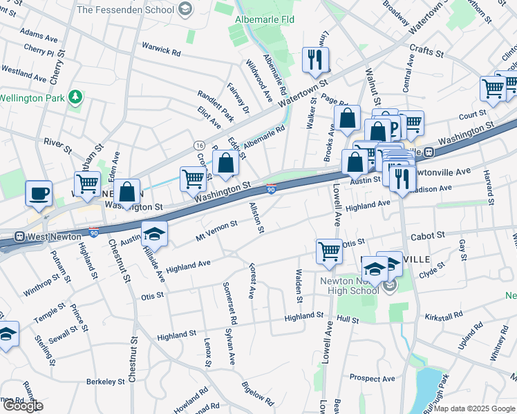 map of restaurants, bars, coffee shops, grocery stores, and more near 184 Austin Street in Newton