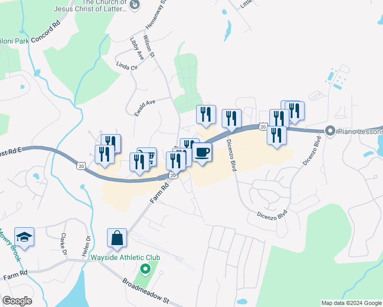 map of restaurants, bars, coffee shops, grocery stores, and more near 606 Boston Post Road East in Marlborough