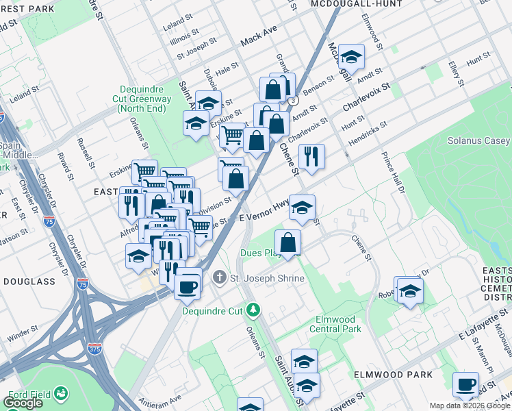 map of restaurants, bars, coffee shops, grocery stores, and more near in Detroit