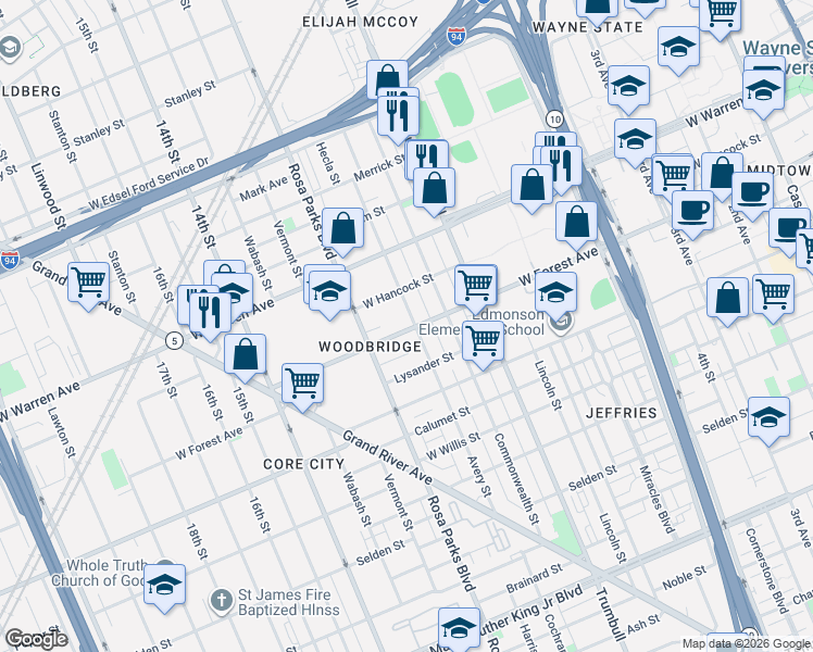 map of restaurants, bars, coffee shops, grocery stores, and more near 4733 Avery Street in Detroit