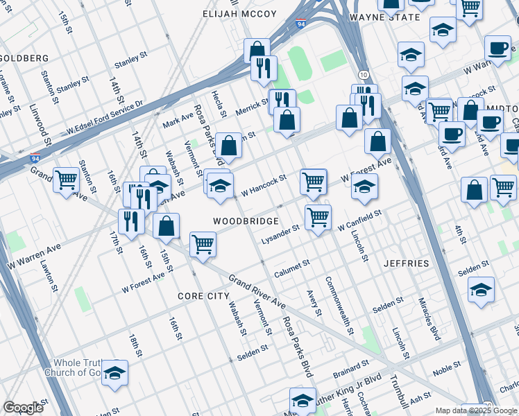 map of restaurants, bars, coffee shops, grocery stores, and more near 4733 Avery Street in Detroit