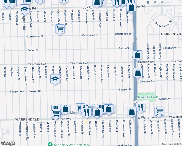 map of restaurants, bars, coffee shops, grocery stores, and more near 7778 Stahelin Avenue in Detroit