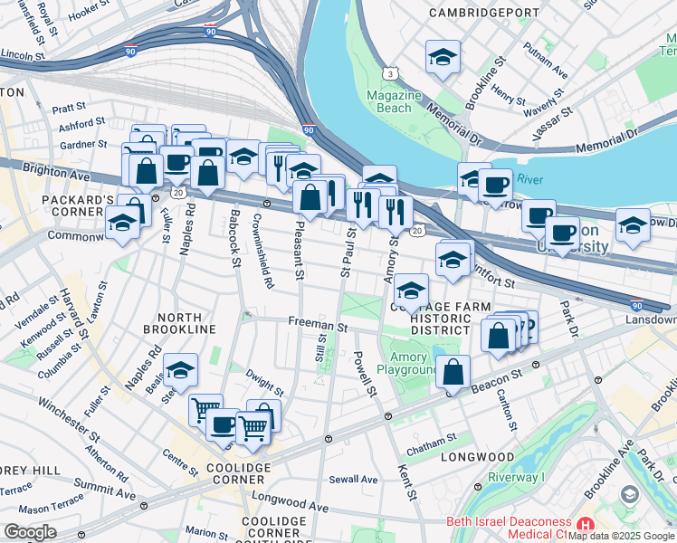 map of restaurants, bars, coffee shops, grocery stores, and more near 49 Egmont Street in Brookline