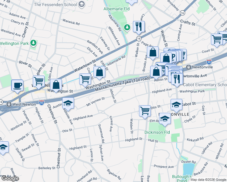 map of restaurants, bars, coffee shops, grocery stores, and more near 184 Austin Street in Newton
