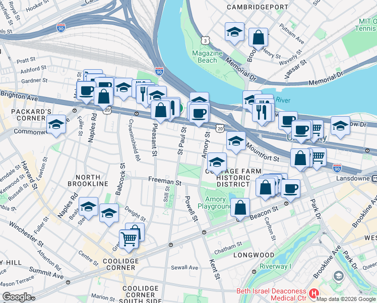 map of restaurants, bars, coffee shops, grocery stores, and more near 15 Egmont Street in Brookline