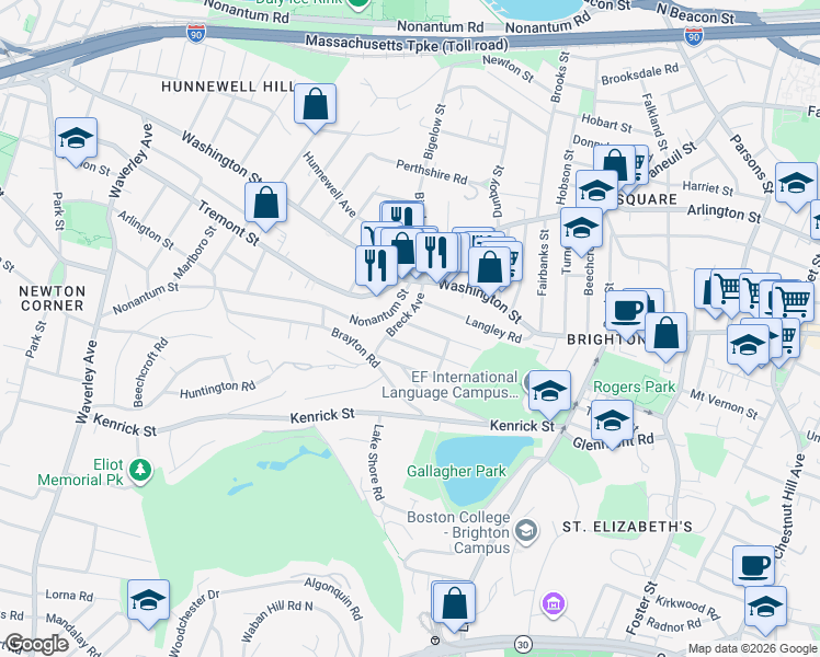 map of restaurants, bars, coffee shops, grocery stores, and more near 18 North Crescent Circuit in Boston