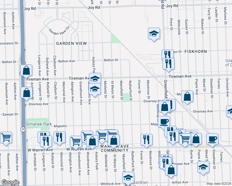 map of restaurants, bars, coffee shops, grocery stores, and more near 7778 Saint Marys Street in Detroit