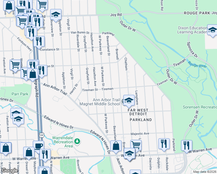 map of restaurants, bars, coffee shops, grocery stores, and more near 8024 West Parkway Street in Redford Charter Township