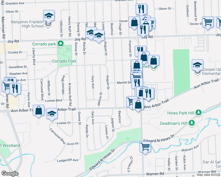 map of restaurants, bars, coffee shops, grocery stores, and more near 8207 August Street in Westland