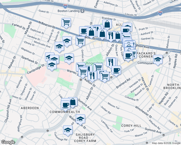 map of restaurants, bars, coffee shops, grocery stores, and more near in Boston