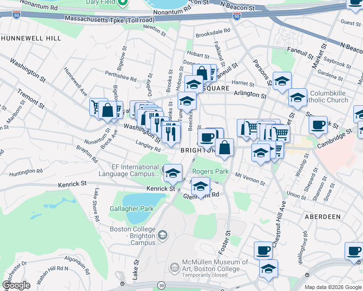 map of restaurants, bars, coffee shops, grocery stores, and more near 10 Beechcroft Street in Boston