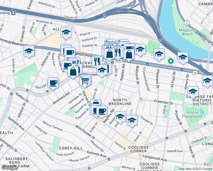 map of restaurants, bars, coffee shops, grocery stores, and more near 168 Coolidge Street in Brookline