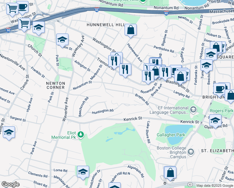 map of restaurants, bars, coffee shops, grocery stores, and more near 149 Brayton Road in Boston