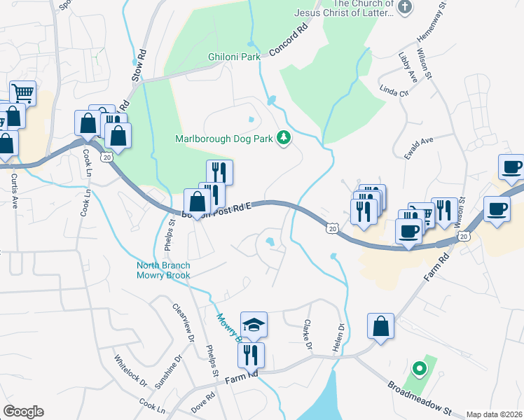 map of restaurants, bars, coffee shops, grocery stores, and more near 259 Boston Post Road East in Marlborough
