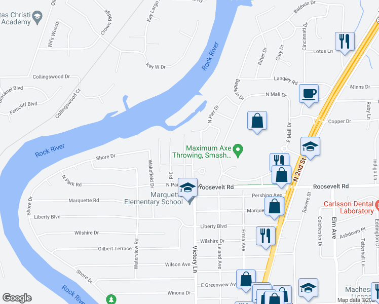 map of restaurants, bars, coffee shops, grocery stores, and more near 8620 Victory Lane in Machesney Park