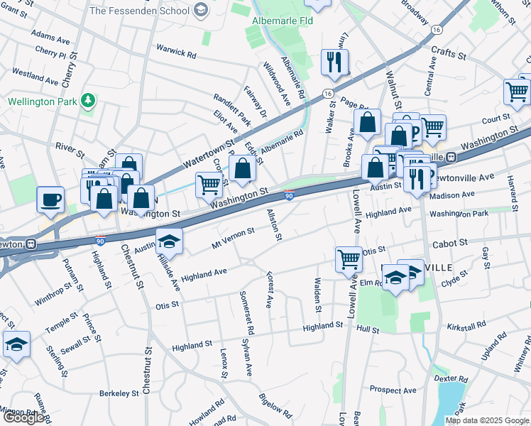 map of restaurants, bars, coffee shops, grocery stores, and more near 5 Allston Street in Newton