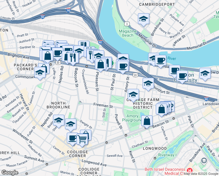map of restaurants, bars, coffee shops, grocery stores, and more near 49 Egmont Street in Brookline