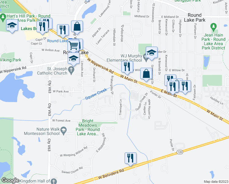 map of restaurants, bars, coffee shops, grocery stores, and more near 81 North Macgillis Drive in Round Lake
