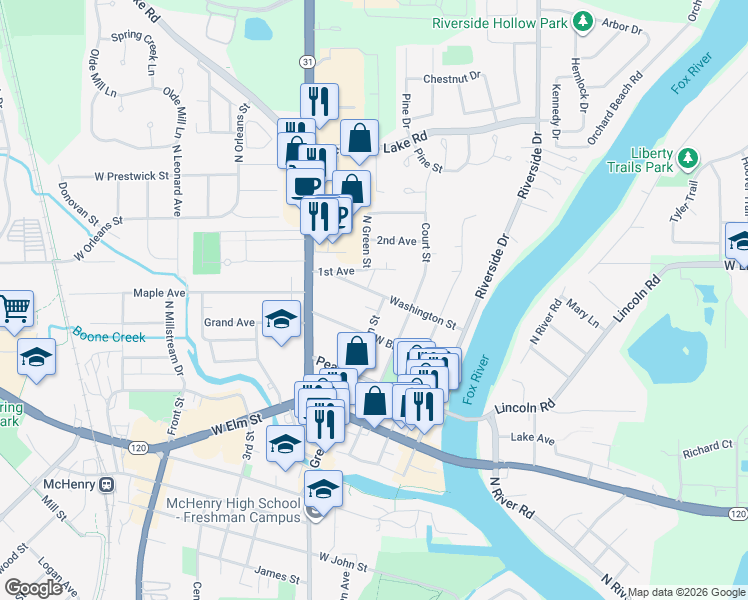 map of restaurants, bars, coffee shops, grocery stores, and more near 3504 Washington Street in McHenry