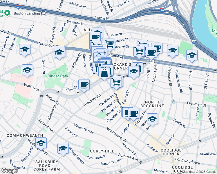 map of restaurants, bars, coffee shops, grocery stores, and more near 223 Harvard Avenue in Boston