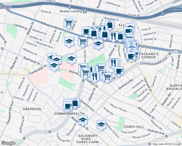 map of restaurants, bars, coffee shops, grocery stores, and more near 1415 Commonwealth Avenue in Boston