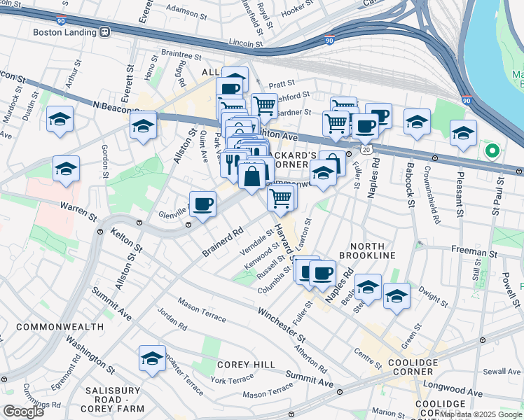 map of restaurants, bars, coffee shops, grocery stores, and more near 223 Harvard Avenue in Boston