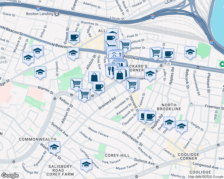 map of restaurants, bars, coffee shops, grocery stores, and more near 1258 Commonwealth Avenue in Boston