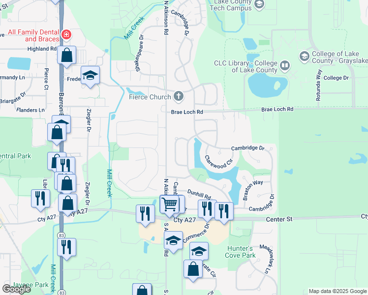map of restaurants, bars, coffee shops, grocery stores, and more near 357 Dorchester Lane in Grayslake