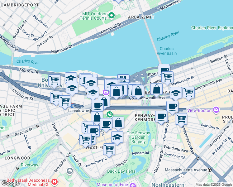 map of restaurants, bars, coffee shops, grocery stores, and more near 660 Beacon Street in Boston