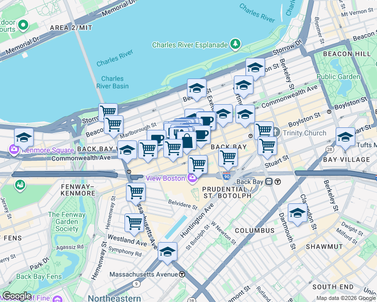 map of restaurants, bars, coffee shops, grocery stores, and more near in Boston