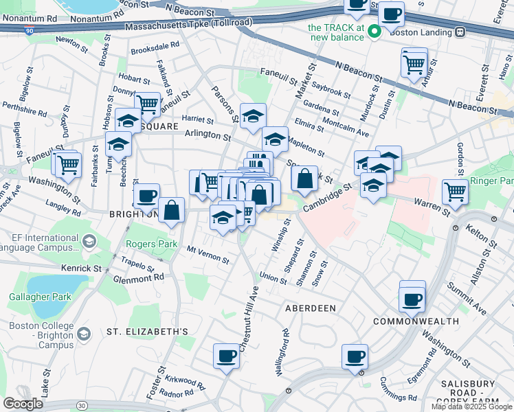 map of restaurants, bars, coffee shops, grocery stores, and more near 8 Waldo Terrace in Boston